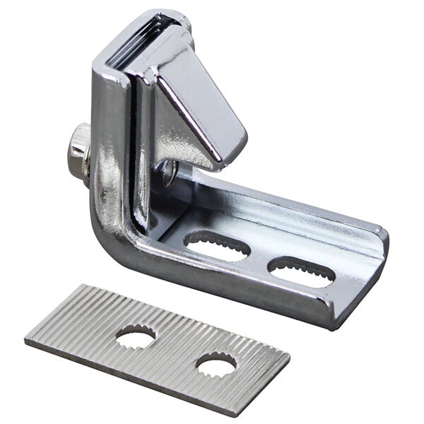 A stainless steel adjustable door strike with a hole in it.