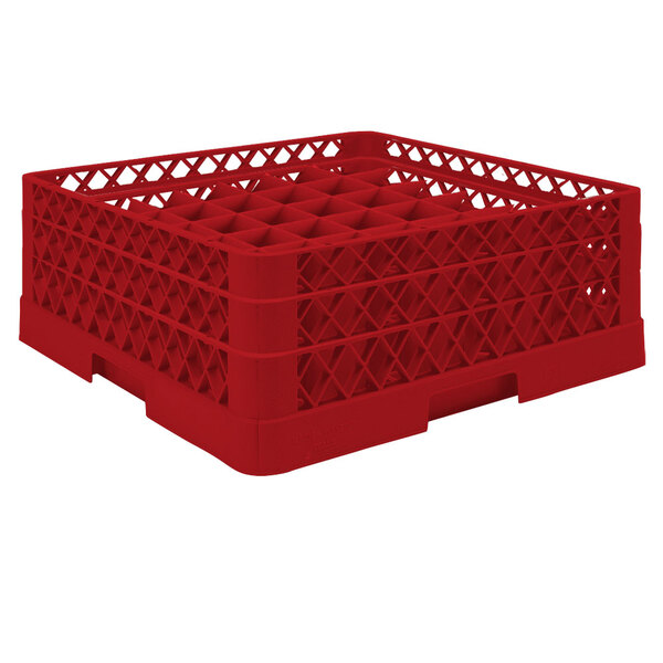 A red plastic Vollrath Traex glass rack with grids.