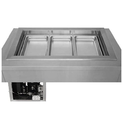 A Wells stainless steel drop-in refrigerated cold food well with three recessed pan compartments.
