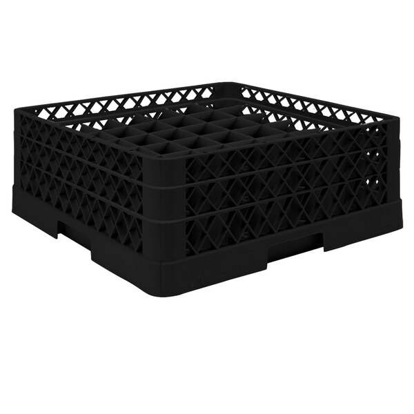 A black plastic Vollrath Traex glass rack with grids.