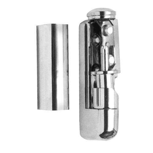 A silver metal cylindrical hinge with a long cylindrical piece.