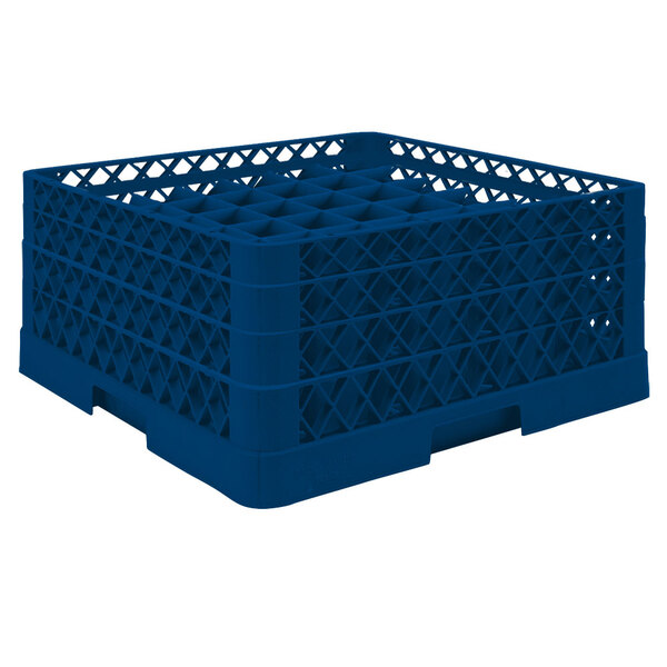 A Vollrath Royal Blue plastic glass rack with a grid pattern.