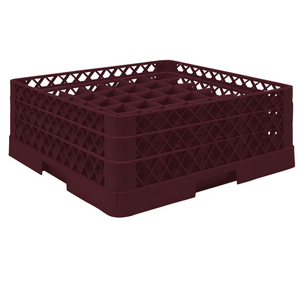 A burgundy Vollrath glass rack with a lattice pattern.