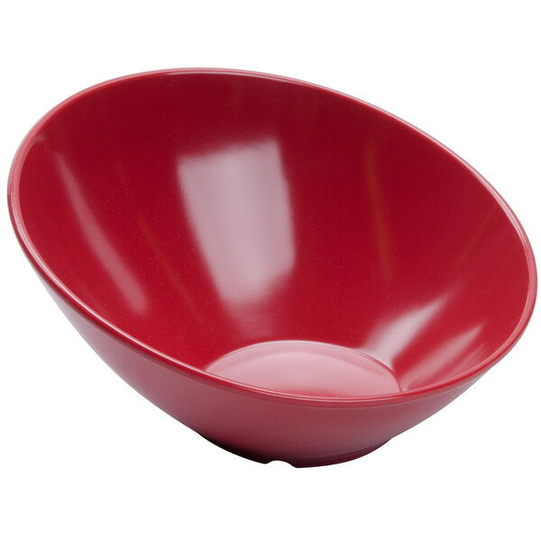 A red GET Diamond Harvest slanted melamine bowl.