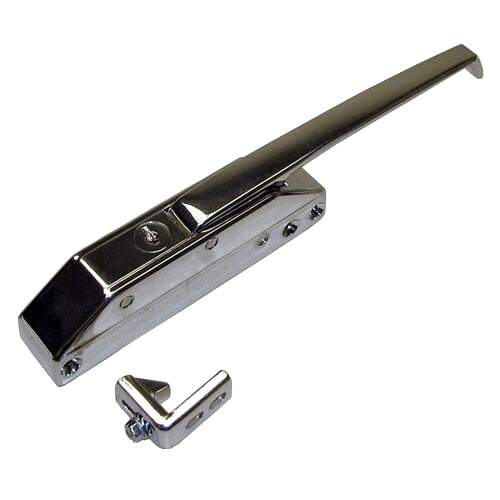 A chrome metal door latch and strike with a straight handle.