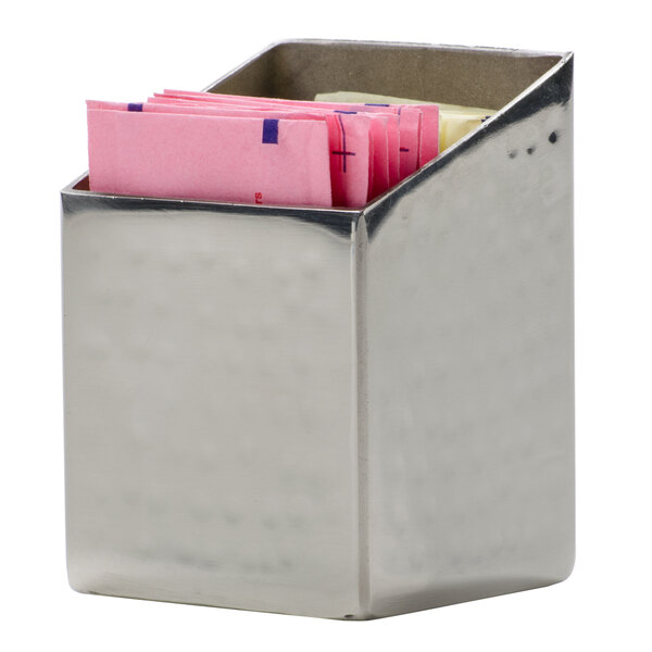 An American Metalcraft stainless steel square sugar caddy with sugar packets inside.