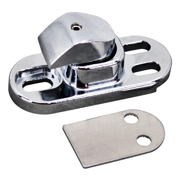 A metal plate with holes for an All Points door handle strike.