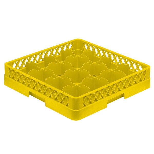 A Vollrath yellow plastic cup rack with 16 compartments.