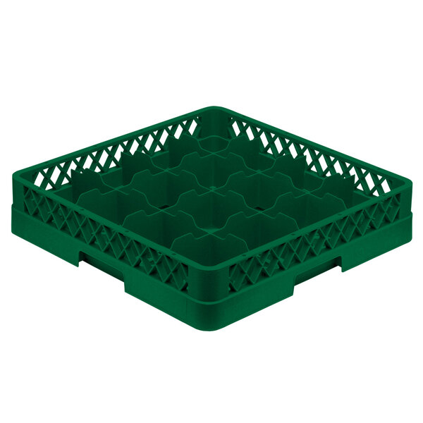 A Vollrath green plastic cup rack with 16 compartments.