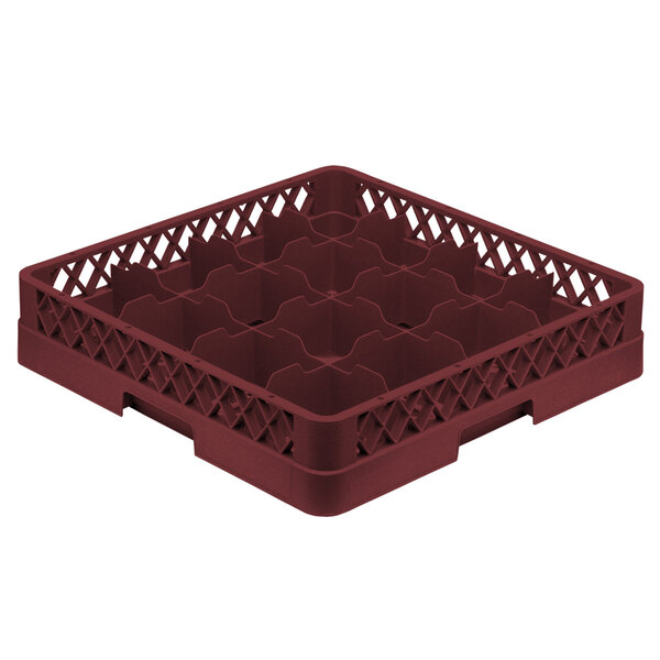 A Vollrath red plastic cup rack with compartments for 16 cups.