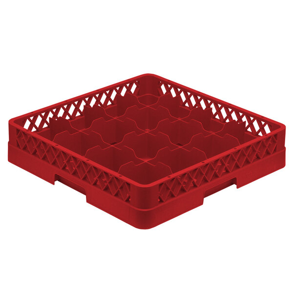 A red plastic Vollrath TR4 Traex cup rack with 16 compartments.