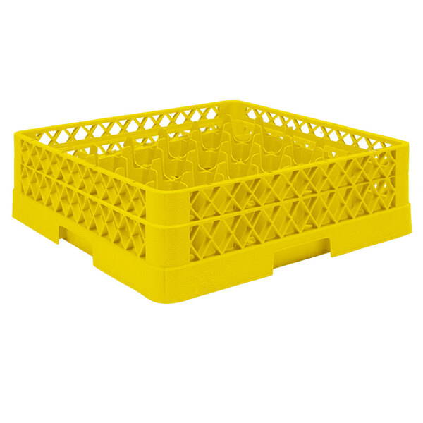 A yellow Vollrath Traex glass rack with a grid.