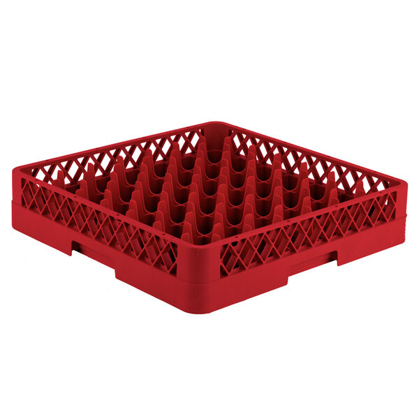 A red Vollrath Traex glass rack with 49 compartments.