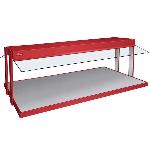 A red metal Hatco countertop buffet warmer with glass shelves.