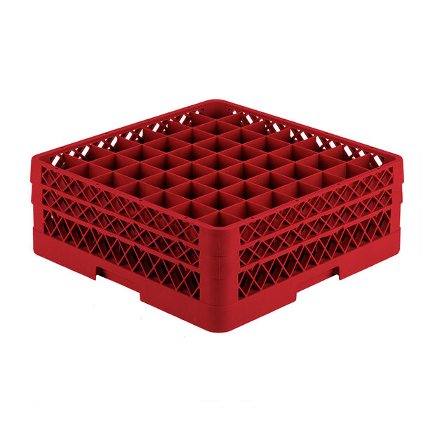 A red plastic Vollrath Traex glass rack with many compartments.