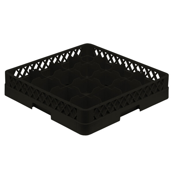 A black Vollrath plastic cup rack with 16 compartments and holes.