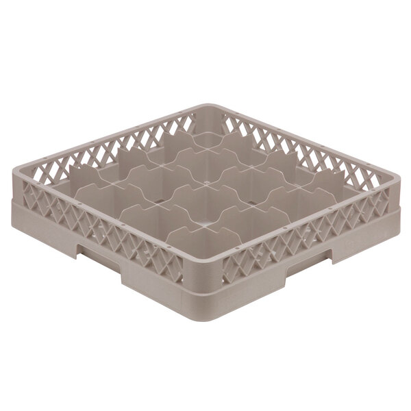 A white plastic Vollrath cup rack with 16 compartments.