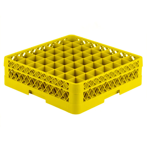 A yellow Vollrath Traex glass rack with 49 compartments.
