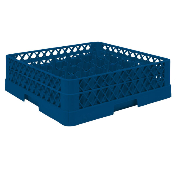 A Vollrath blue plastic glass rack with a lattice pattern.