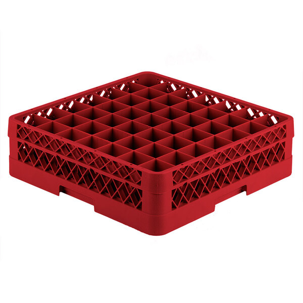 A red plastic Vollrath Traex glass rack with 49 compartments.