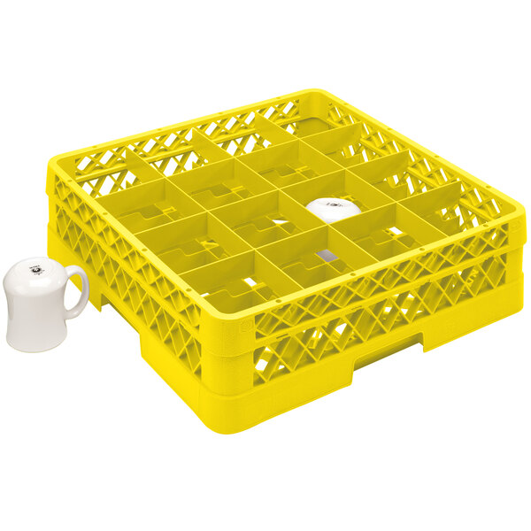 A yellow Vollrath plastic rack for cups and containers with 16 compartments.