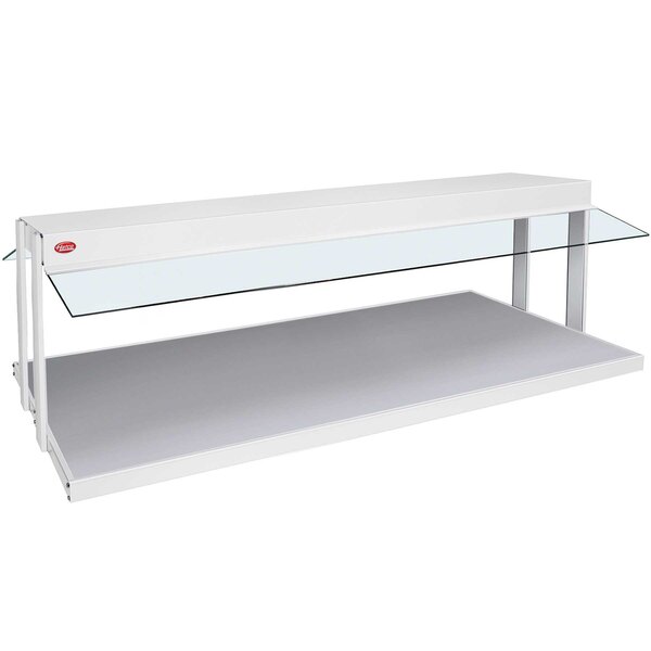A white shelf with a rectangular surface and a Hatco Buffet Warmer on a counter.