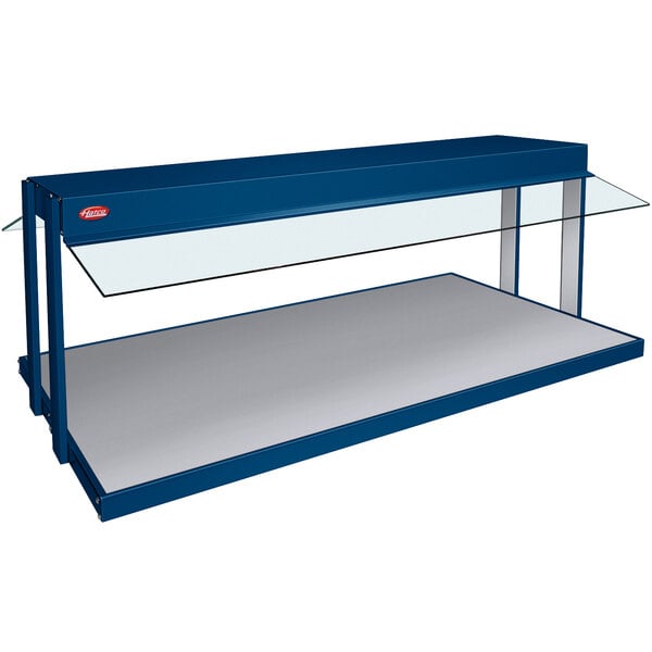 A navy blue Hatco countertop buffet warmer display with glass shelves.