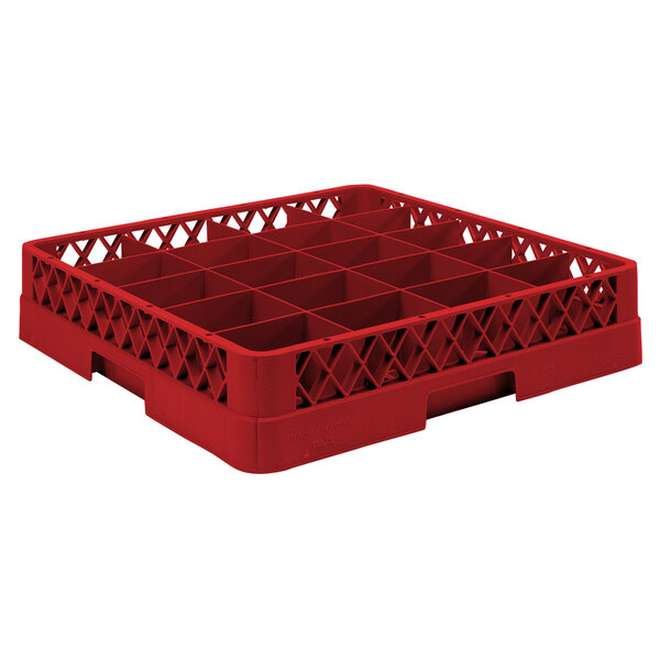 A Vollrath red plastic cup rack with 20 compartments for cups.