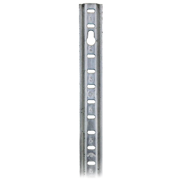 An aluminum metal bar with keyhole shaped holes on the top.