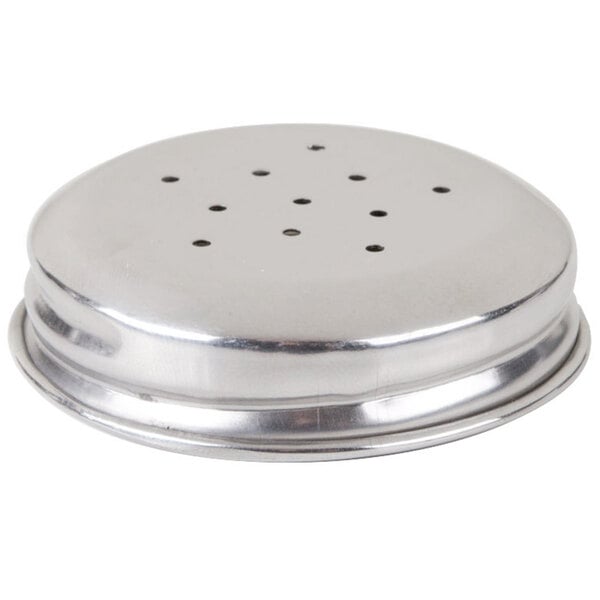 A close-up of a silver American Metalcraft salt and pepper shaker lid with holes.