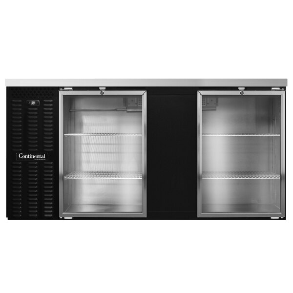 A black rectangular Continental Refrigerator with glass doors and a white border.