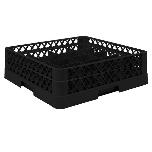 A black plastic Vollrath Traex cup rack with holes in it.