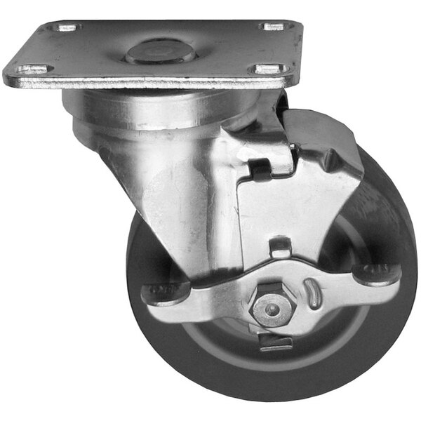 A black and white metal swivel plate caster with a metal wheel and rubber tire.