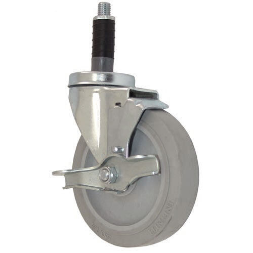 A large metal swivel caster with a black rubber tire on a metal handle.
