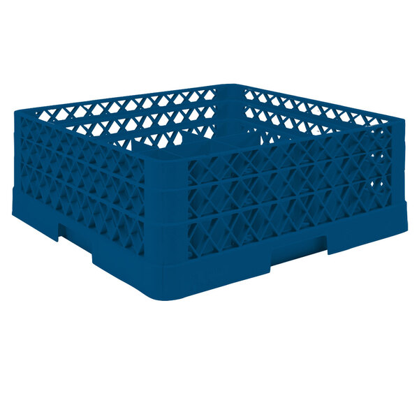 A Vollrath blue plastic cup rack with lattice pattern.