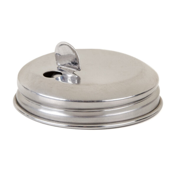 An American Metalcraft mini silver metal flap lid with a hole in it.