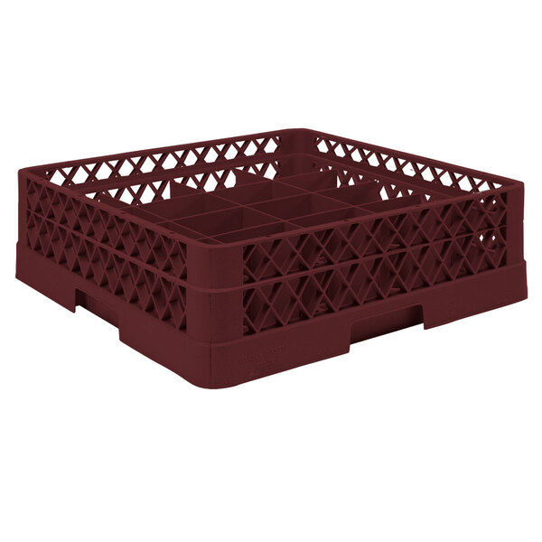 A burgundy Vollrath cup rack with 20 compartments and an open rack extender.