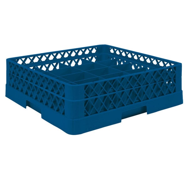 A Vollrath TR5A Traex blue plastic cup rack with holes.