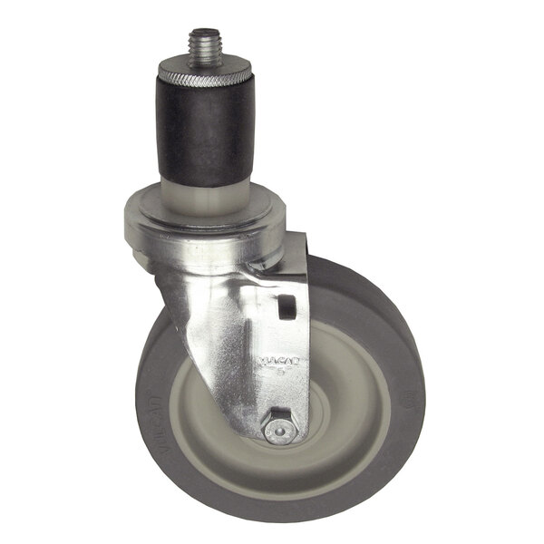 A black rubber swivel caster wheel with a white base.