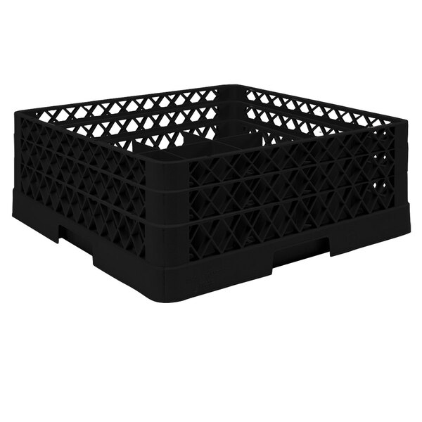 A black plastic Vollrath cup rack with an open rack extender on top.