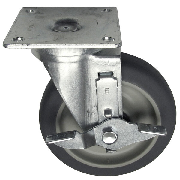 A silver and black metal swivel plate caster with a rubber tire.