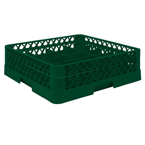 A green plastic Vollrath cup rack with 20 compartments and open rack extender on top.