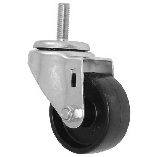 A black metal threaded stem caster with a metal and black wheel and screw.