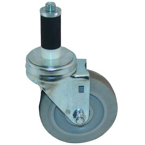 A metal swivel caster with a rubber tire on a metal wheel.