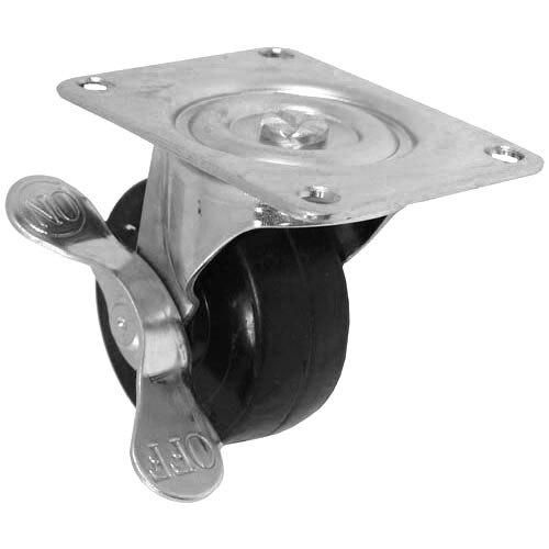 A close-up of a silver All Points swivel plate caster with a black rubber wheel and metal wheel.