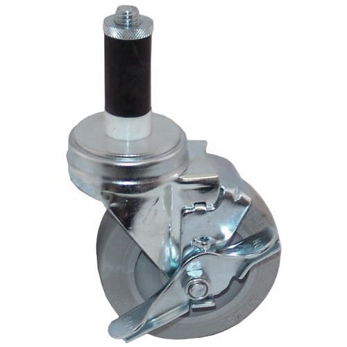 A metal caster wheel with a black rubber grip and white wheel.