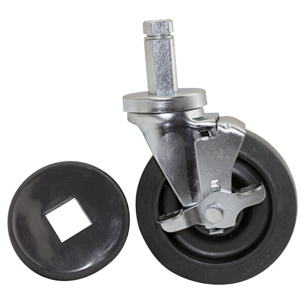 A black and metal swivel stem caster wheel with a square post attachment.