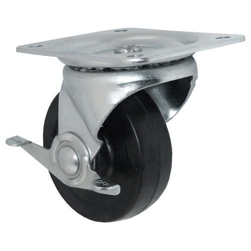 A close up of an All Points swivel plate caster with a black and metal wheel.