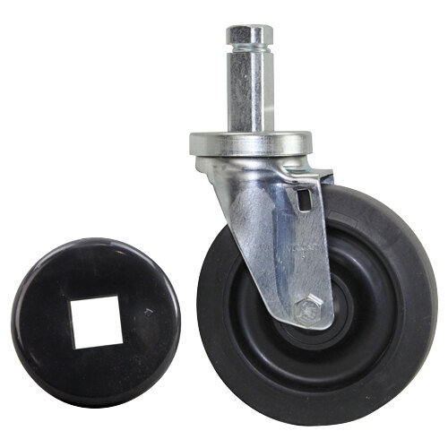 A black wheel with a metal square stem.