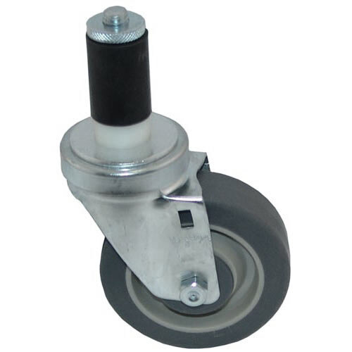A close-up of a black and white swivel caster wheel with a metal stem.
